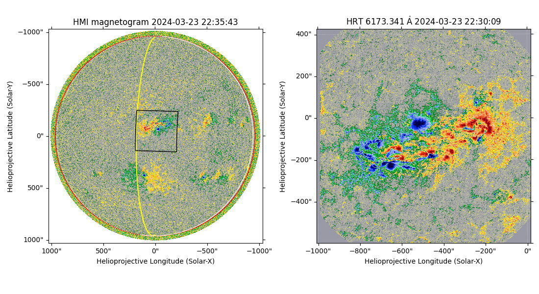 HMI magnetogram 2024-03-23 22:35:43, HRT $6173.341 \; \mathrm{\mathring{A}}$ 2024-03-23 22:30:09